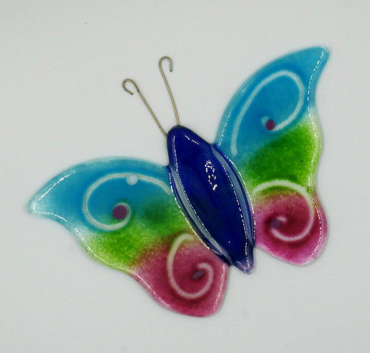 Schmetterling zum Hängen mit blauen Körper und bunten Flügeln