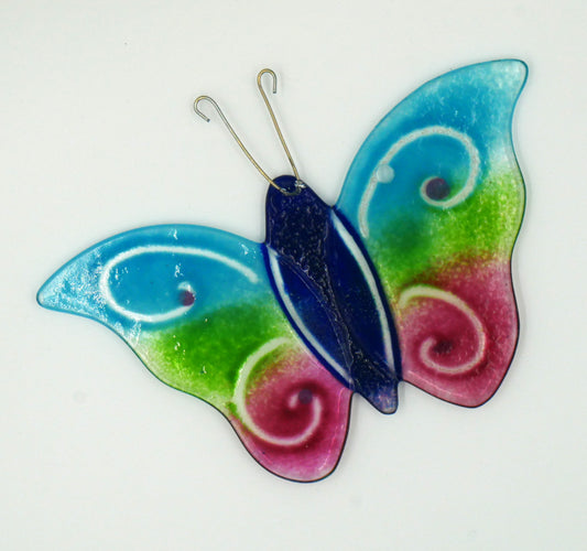 Schmetterling zum Hängen mit blauen Körper und bunten Flügeln